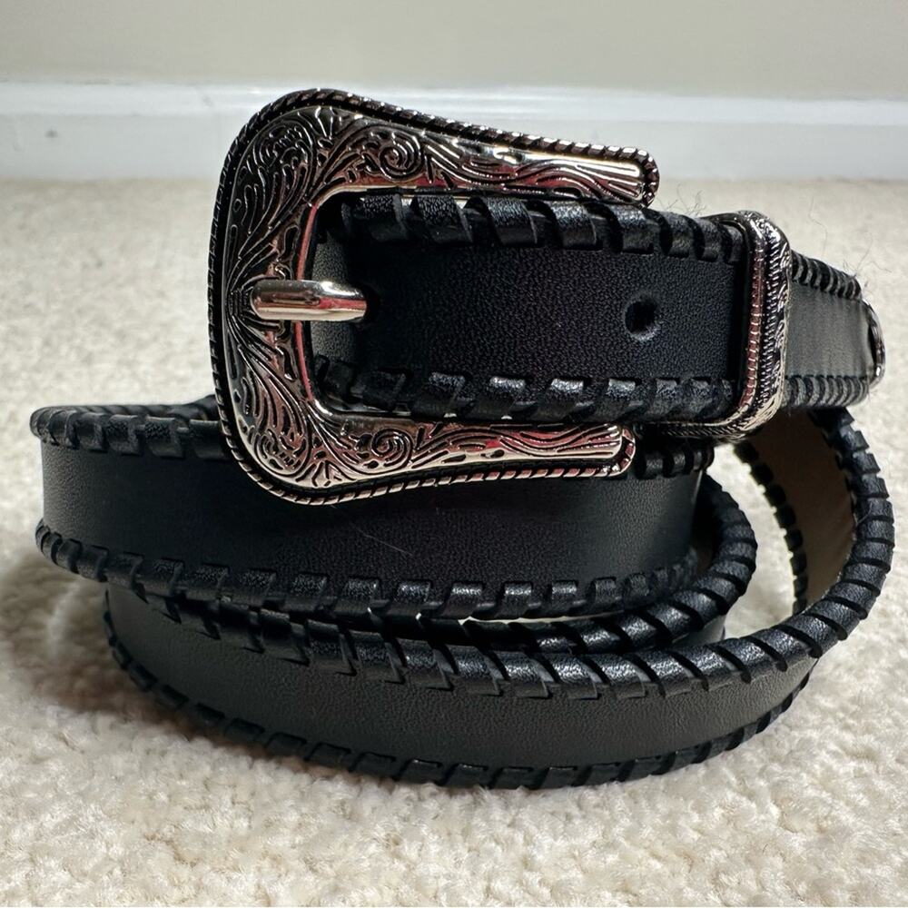 Rebecca Minkoff Black and Silver Leather Belt with Ornate Buckle
